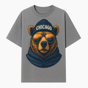 Vintage Chicago Bear Graphic Tee with Sunglasses and Mountains, Cozy Urban Wildlife Apparel - T-shirt 1758560001823.jpg