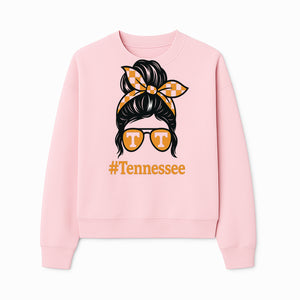 Tennessee Fashion Tee with Retro Bun & Sunglasses - Trendy Gift for Vols Fans - Orange Checkered Bow Design - Sweatshirt 1758560001955.jpg