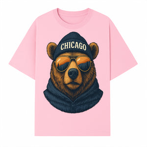 Vintage Chicago Bear Graphic Tee with Sunglasses and Mountains, Cozy Urban Wildlife Apparel - T-shirt 1758560002105.jpg