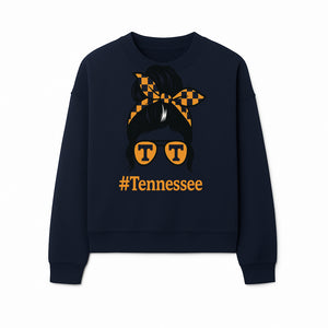 Tennessee Fashion Tee with Retro Bun & Sunglasses - Trendy Gift for Vols Fans - Orange Checkered Bow Design - Sweatshirt 1758560002200.jpg