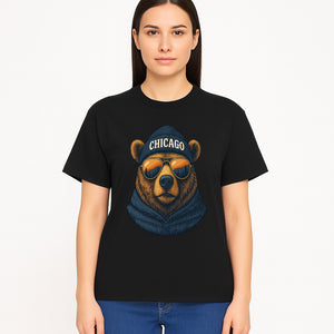 Vintage Chicago Bear Graphic Tee with Sunglasses and Mountains, Cozy Urban Wildlife Apparel - T-shirt 1758560004001.jpg