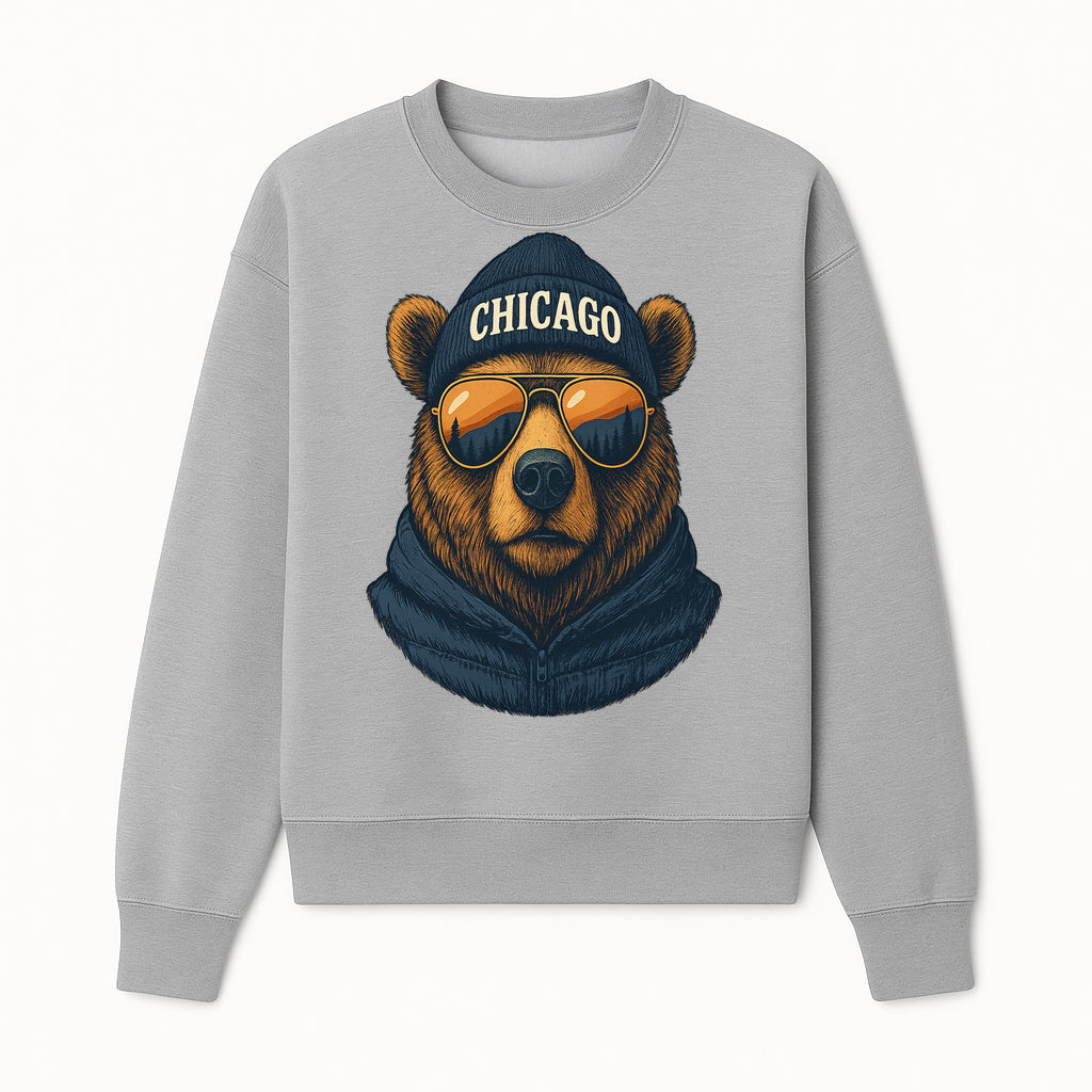Vintage Chicago Bear Graphic Tee with Sunglasses and Mountains, Cozy Urban Wildlife Apparel - Sweatshirt 1758560004211.jpg