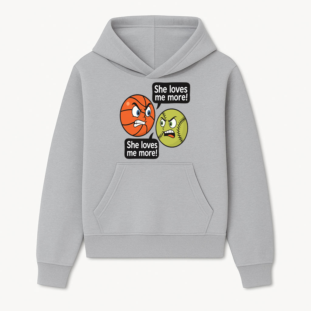 Funny Sports Rivalry Design: Basketball vs Softball 'She Loves Me More!' Cartoon Graphic Tee - Hoodie 1758681897074.jpg