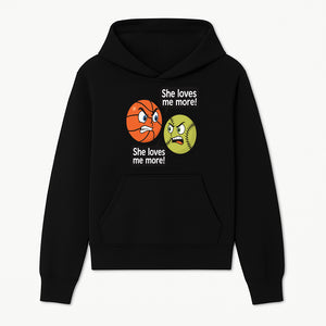 Funny Sports Rivalry Design: Basketball vs Softball 'She Loves Me More!' Cartoon Graphic Tee - Hoodie 1758681897217.jpg