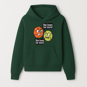 Funny Sports Rivalry Design: Basketball vs Softball 'She Loves Me More!' Cartoon Graphic Tee - Hoodie 1758681897503.jpg