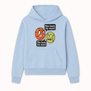 Funny Sports Rivalry Design: Basketball vs Softball 'She Loves Me More!' Cartoon Graphic Tee - Hoodie 1758681897808.jpg