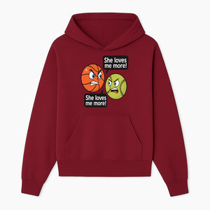 Funny Sports Rivalry Design: Basketball vs Softball 'She Loves Me More!' Cartoon Graphic Tee - Hoodie 1758681898061.jpg