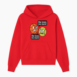 Funny Sports Rivalry Design: Basketball vs Softball 'She Loves Me More!' Cartoon Graphic Tee - Hoodie 1758681898327.jpg