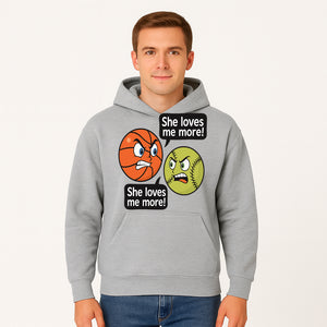 Funny Sports Rivalry Design: Basketball vs Softball 'She Loves Me More!' Cartoon Graphic Tee - Hoodie 1758681899806.jpg