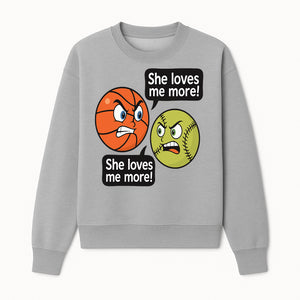 Funny Sports Rivalry Design: Basketball vs Softball 'She Loves Me More!' Cartoon Graphic Tee - Sweatshirt 1758681902888.jpg