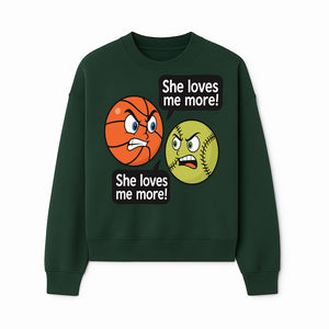 Funny Sports Rivalry Design: Basketball vs Softball 'She Loves Me More!' Cartoon Graphic Tee - Sweatshirt 1758681903329.jpg