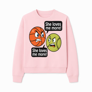 Funny Sports Rivalry Design: Basketball vs Softball 'She Loves Me More!' Cartoon Graphic Tee - Sweatshirt 1758681903733.jpg