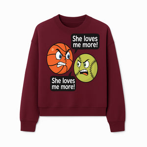 Funny Sports Rivalry Design: Basketball vs Softball 'She Loves Me More!' Cartoon Graphic Tee - Sweatshirt 1758681903872.jpg