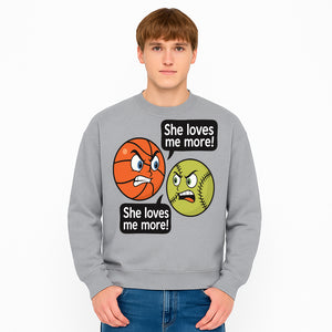 Funny Sports Rivalry Design: Basketball vs Softball 'She Loves Me More!' Cartoon Graphic Tee - Sweatshirt 1758681905556.jpg