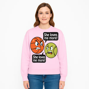 Funny Sports Rivalry Design: Basketball vs Softball 'She Loves Me More!' Cartoon Graphic Tee - Sweatshirt 1758681905698.jpg