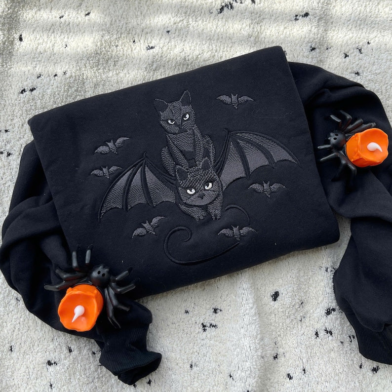 Embroidered Halloween Black Cat Sweatshirt Halloween Teebats Shirt Dark Humor Gothic Style Bat Teetop Cat Lover Gifttrendy Spooky Season 1758705505680.jpg