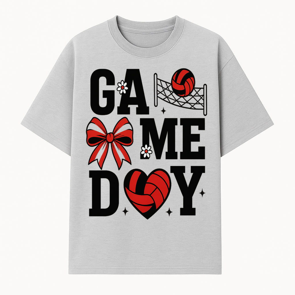 Game Day Volleyball Shirt with Heart, Bow, and Floral Design - Perfect for Sports Fans and Players - T-shirt 1758728345038.jpg
