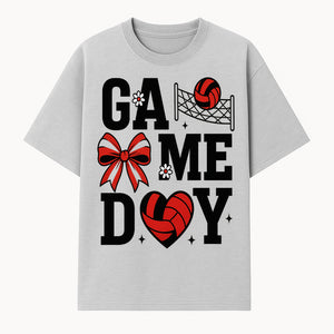 Game Day Volleyball Shirt with Heart, Bow, and Floral Design - Perfect for Sports Fans and Players - T-shirt 1758728345038.jpg