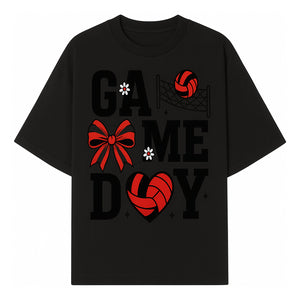 Game Day Volleyball Shirt with Heart, Bow, and Floral Design - Perfect for Sports Fans and Players - T-shirt 1758728345169.jpg