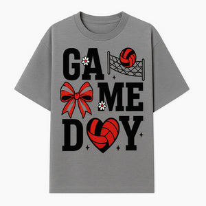 Game Day Volleyball Shirt with Heart, Bow, and Floral Design - Perfect for Sports Fans and Players - T-shirt 1758728345592.jpg