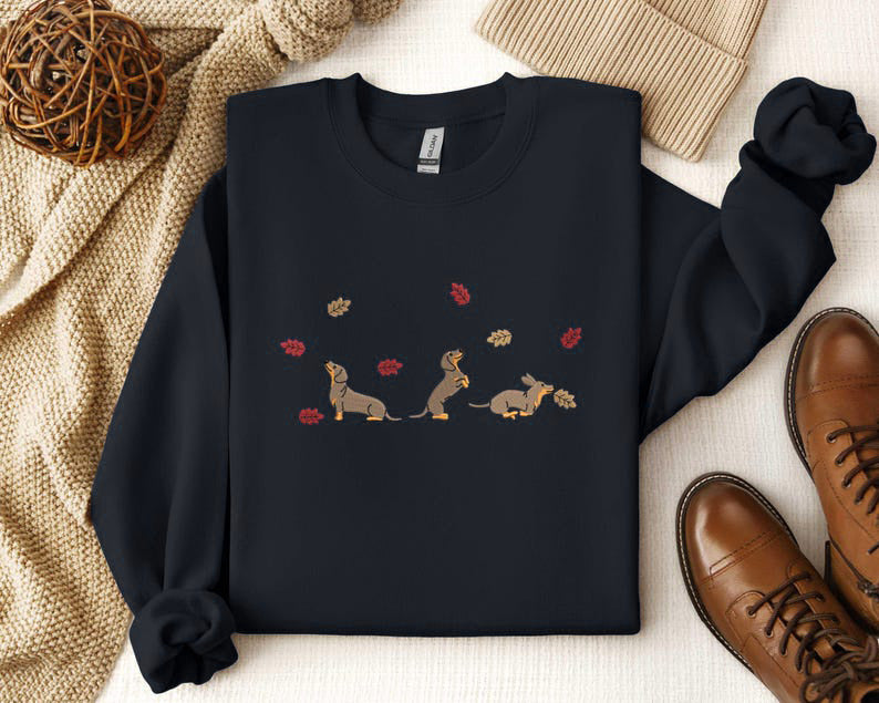 Embroidered Fall Dachshund Dog Shirt Black Dackel Sausage Puppy Shirt Fall Dachshund Dog Embroidered Shirt Tis The Season Shirt 1759136822113.jpg