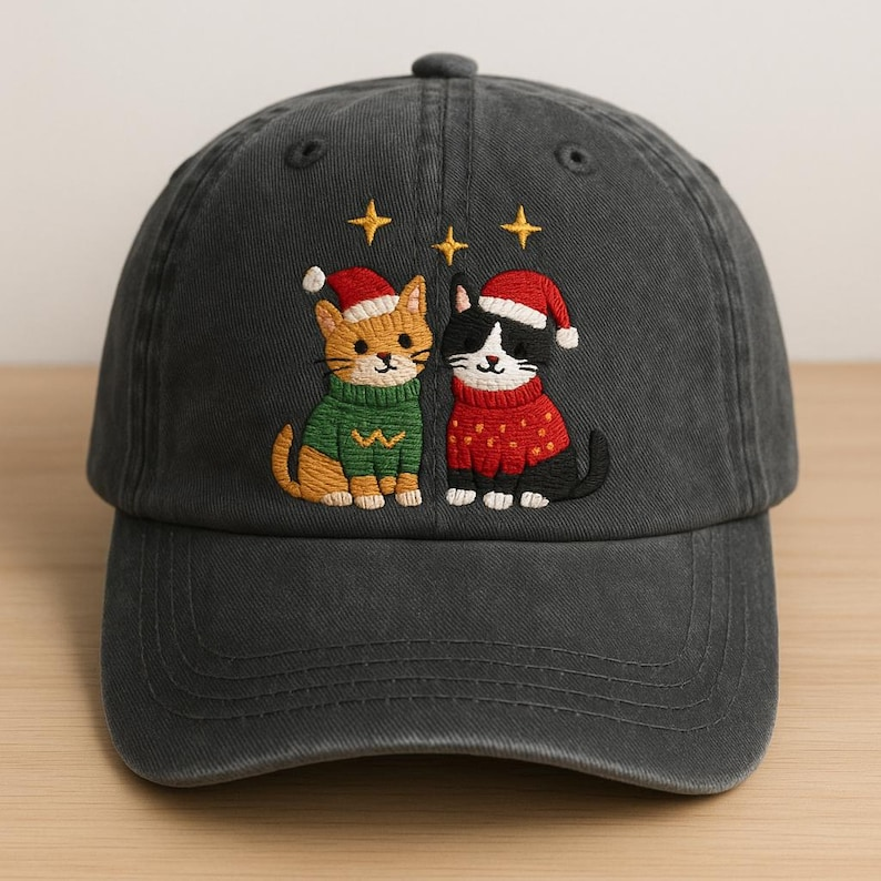 Christmas Cats Hat Embroidered Holiday Cap With Two Cats In Santa Hats And Sweaters 1759201630152.png