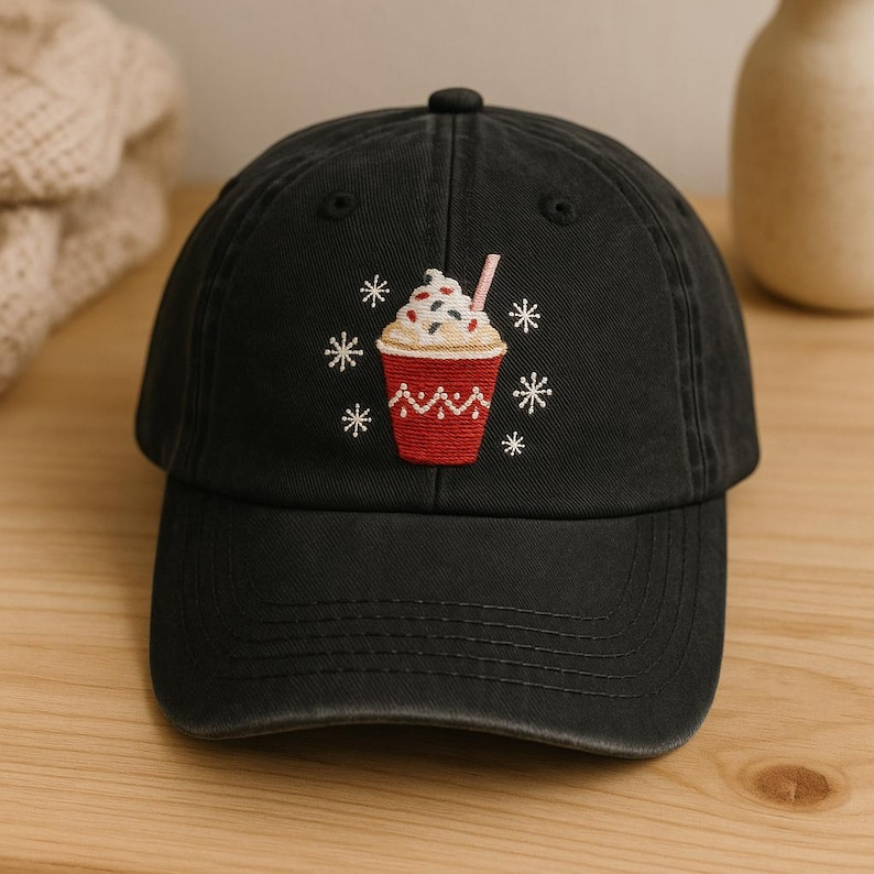 Christmas Drink Hat Embroidered Holiday Cap With Festive Cup And Snowflakes 1759201733298.png