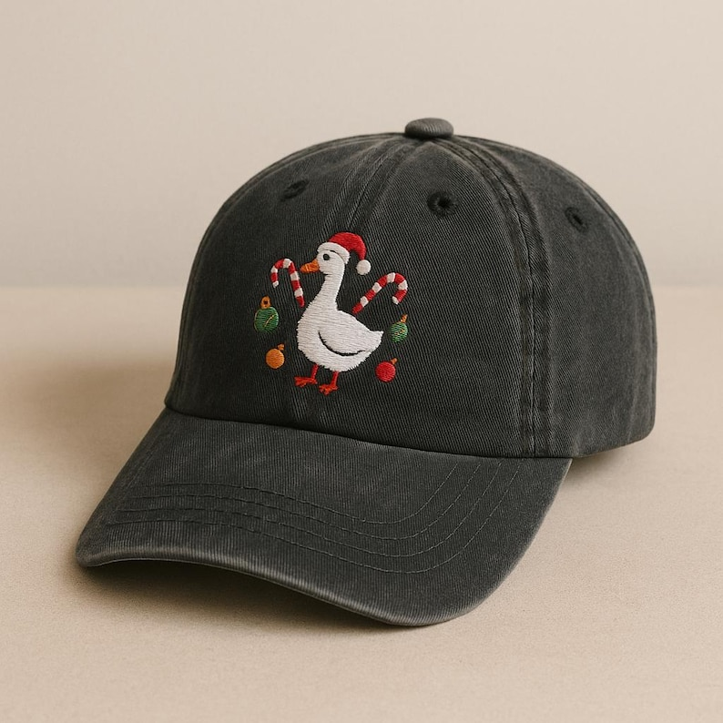 Christmas Goose Hat Embroidered Washed Black Cap With Santa Hat Candy Canes And Ornaments 1759201885849.png