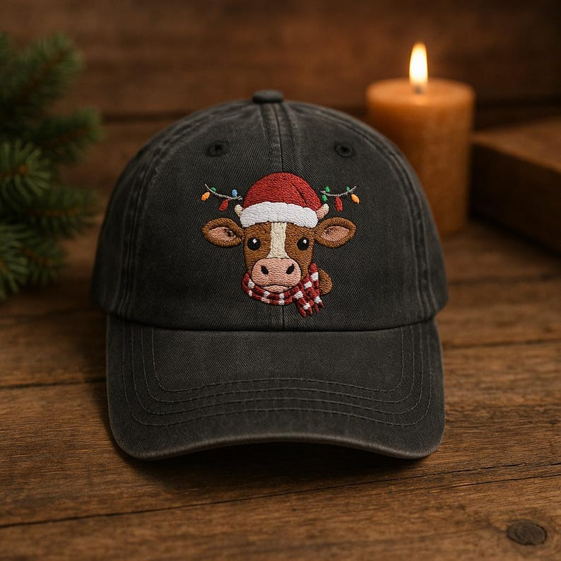 Embroidered Christmas Cow Hat Holiday Cap With Santa Hat Red Scarf And Festive Lights 1759202529838.png