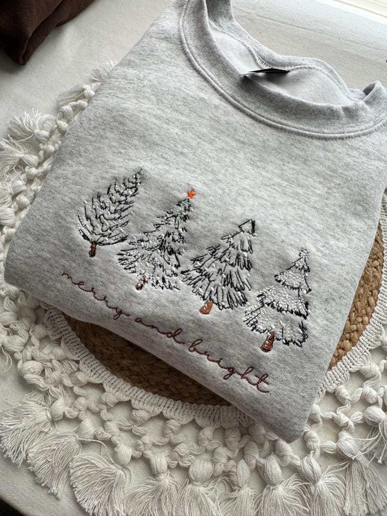 Merry  Bright Christmas Tree Embroidered Crewneck Sweatshirt   4 Christmas Trees 1759375030631.jpg