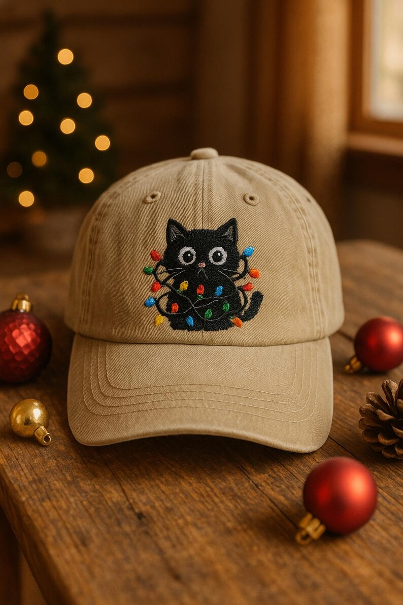 Embroidered Christmas Hat Black Cat Tangled In Holiday Lights Cute Cat Lover Gift 1759376800265.png