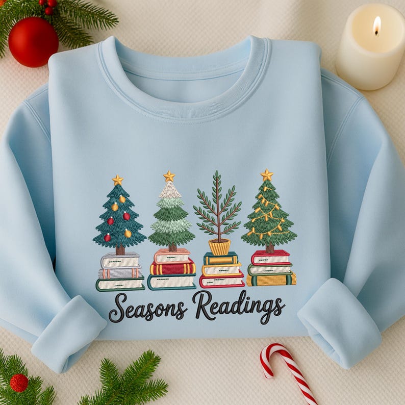 Christmas Tree Book Embroidered Sweatshirt Seasons Readings Embroidered Shirt Bookish Shirt Merry Christmas Shirt Librarian Gift 1759459120500.jpg