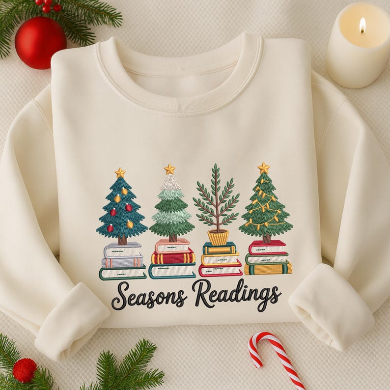 Christmas Tree Book Embroidered Sweatshirt Seasons Readings Embroidered Shirt Bookish Shirt Merry Christmas Shirt Librarian Gift 1759459120555.jpg