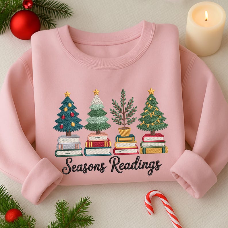 Christmas Tree Book Embroidered Sweatshirt Seasons Readings Embroidered Shirt Bookish Shirt Merry Christmas Shirt Librarian Gift 1759459121146.jpg