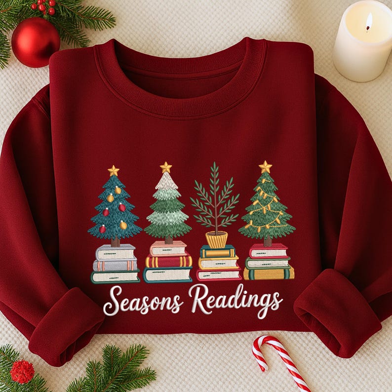Christmas Tree Book Embroidered Sweatshirt Seasons Readings Embroidered Shirt Bookish Shirt Merry Christmas Shirt Librarian Gift 1759459121185.jpg