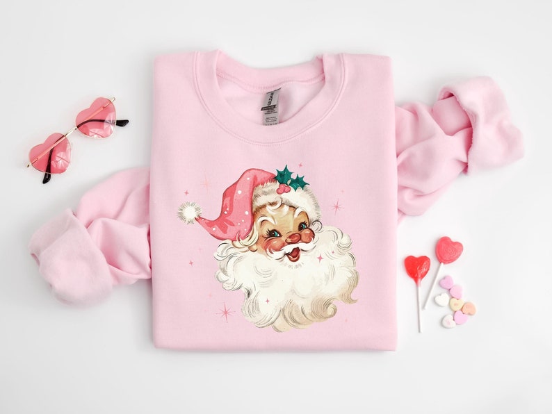 Pink Santa Retro Christmas T Shirts Sweatshirts For Women Pink Christmas Matching Family Sweaters Pink Vintage Holiday Crewneck Group Party 1759742101011.jpg
