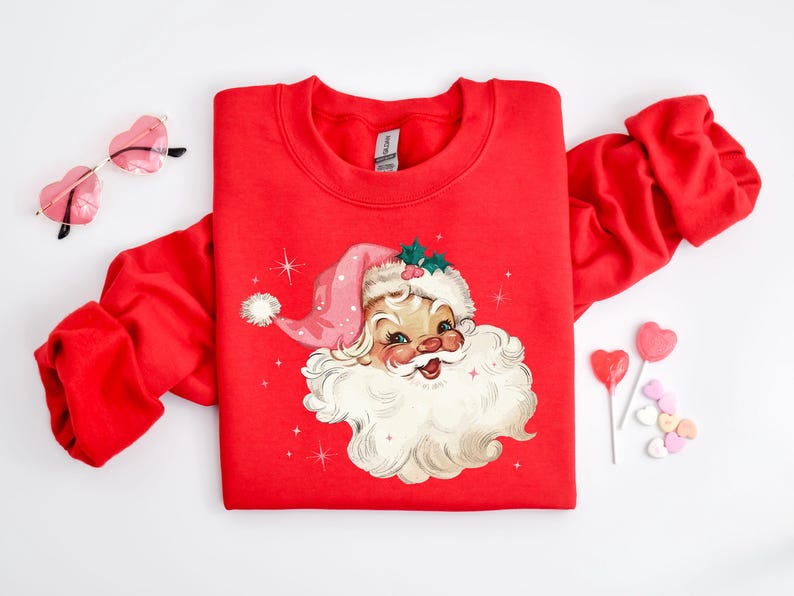 Pink Santa Retro Christmas T Shirts Sweatshirts For Women Pink Christmas Matching Family Sweaters Pink Vintage Holiday Crewneck Group Party 1759742101528.jpg