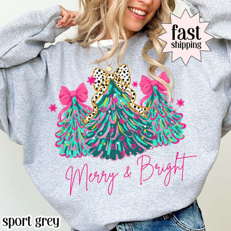 Christmas Sweatshirt Merry  Bright Xmas Tree Sweater Pink Holiday Festive Bow Lights Pullover Cute Jolly Tee Merry Christmas Mom Crewneck 1759744115988.jpg