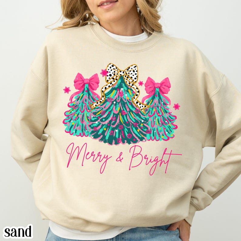Christmas Sweatshirt Merry  Bright Xmas Tree Sweater Pink Holiday Festive Bow Lights Pullover Cute Jolly Tee Merry Christmas Mom Crewneck 1759744126593.jpg