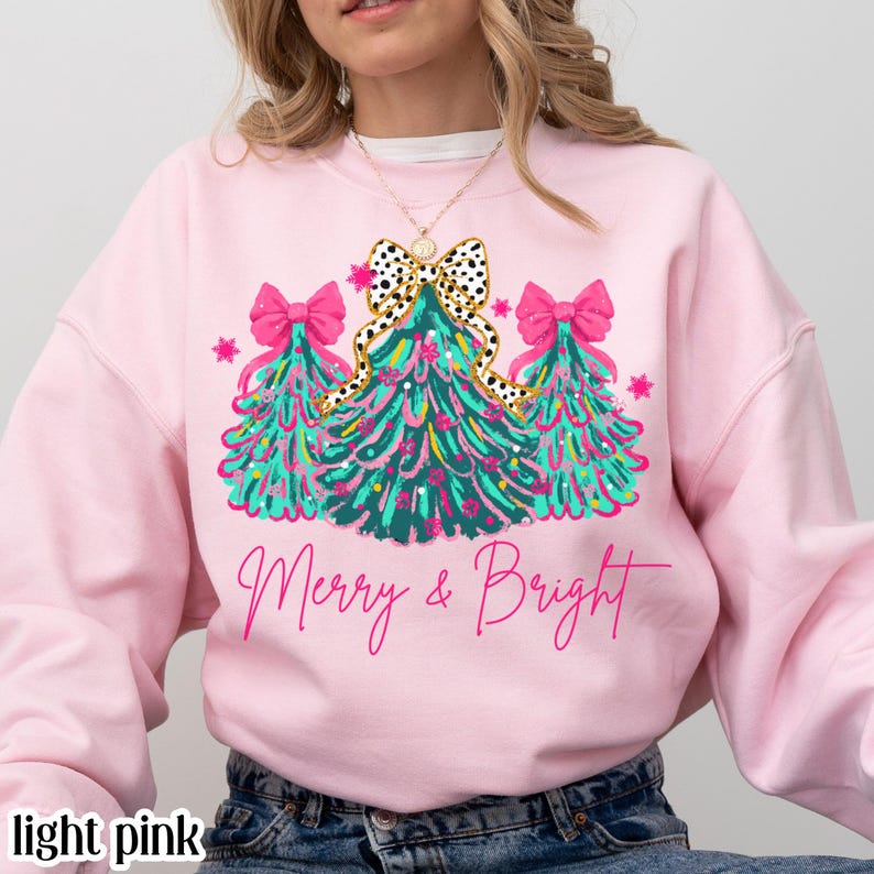 Christmas Sweatshirt Merry  Bright Xmas Tree Sweater Pink Holiday Festive Bow Lights Pullover Cute Jolly Tee Merry Christmas Mom Crewneck 1759744127224.jpg