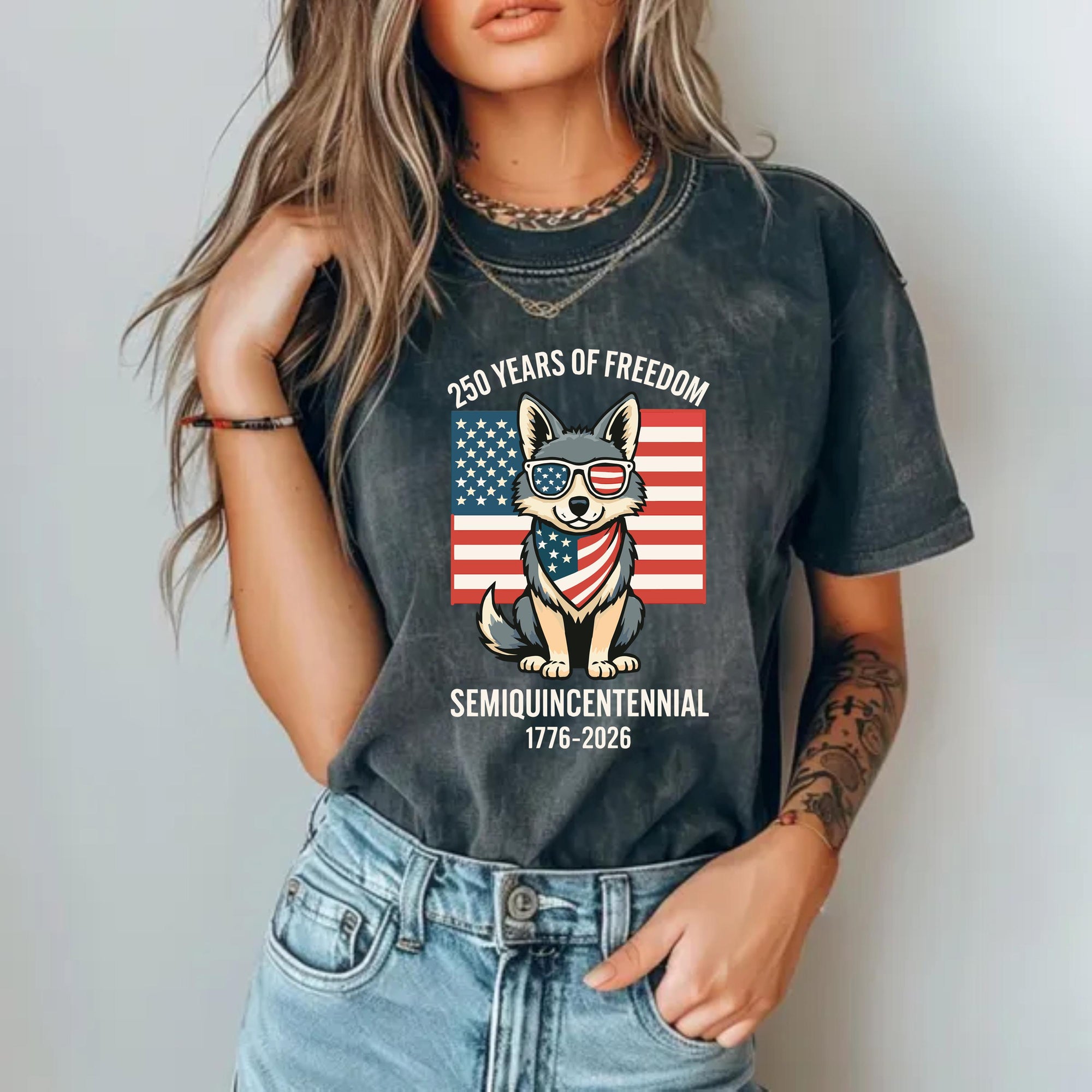 American Patriot Dog T Shirt 250 Years Of Freedom   Comfort Colors Tee 1759907821902.jpg
