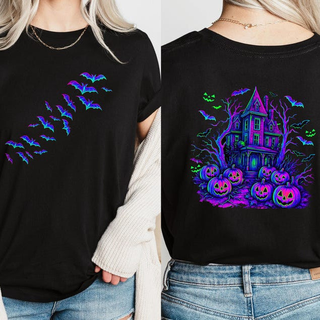 Spooky Neon Halloween Shirt Retro Bat Pumpkin Haunted House Tee 1759914966573.jpg