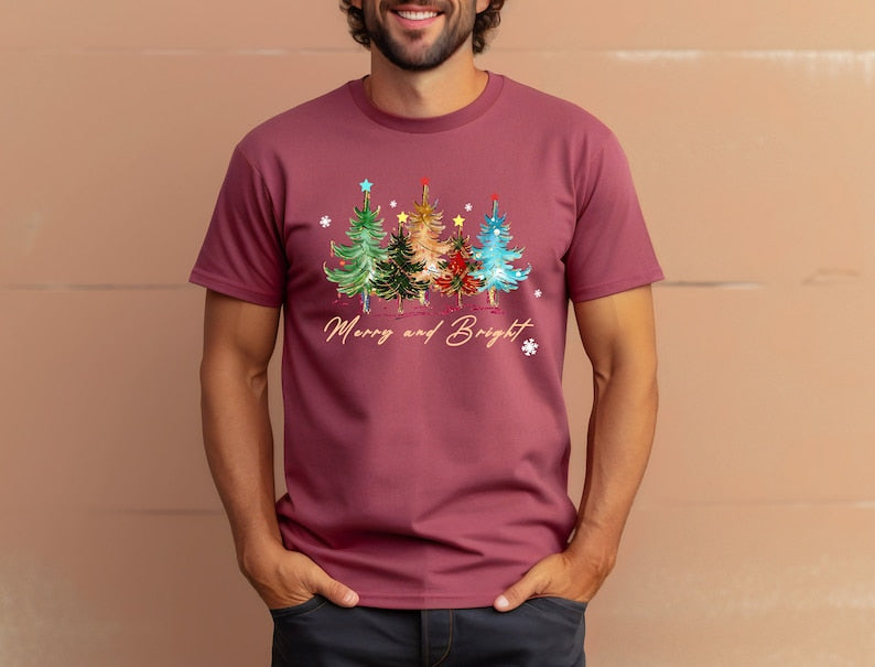 Merry And Bright Trees Womens Christmas Shirt Womans Holiday Shirtchristmas Giftchic Winter Shirtcute Holiday Teechristmas Tree Shirt 1760410864858.jpg