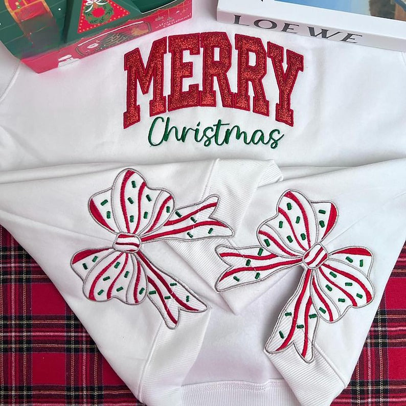 Merry Christmas Side Bow Embroidered Sweatshirt Glitter Applique Christmas Shirt Christmas Side Bow Christmas Sweatshirt Holiday Apparel 1760431928582.jpg