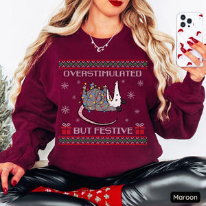 Overstimulated But Festive Possum Christmas Sweatshirt Ugly Christmas Sweatshirt Funny Possum Shirt Possum Gift Trashcore Meme Crewneck 1760585319797.jpg