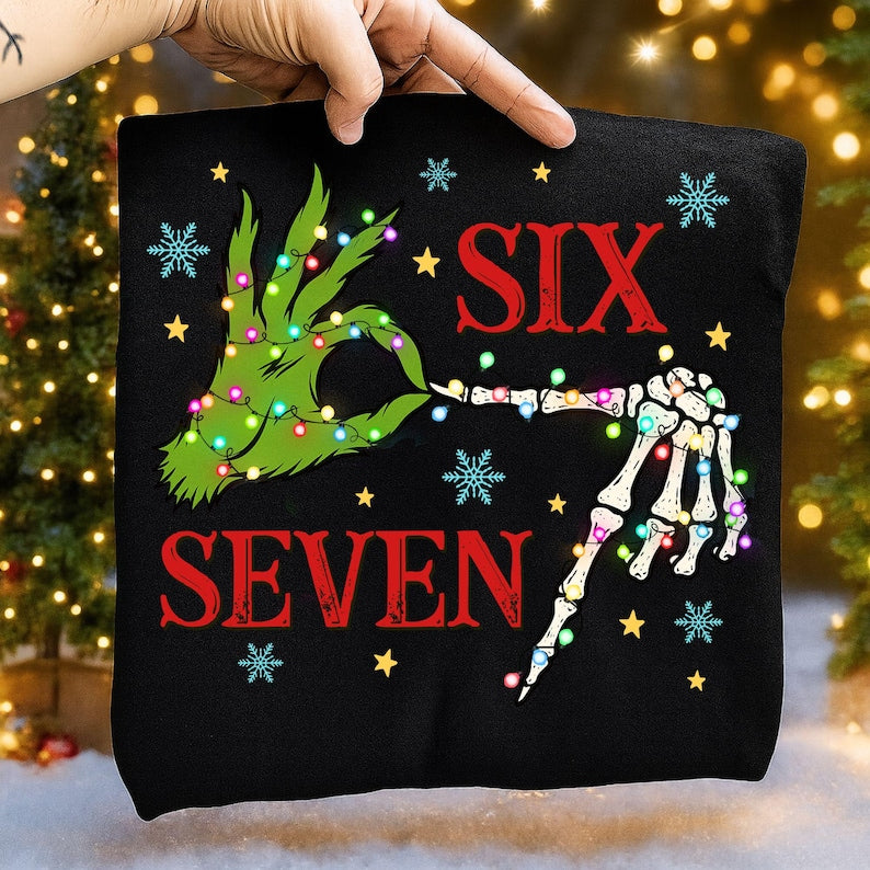 Six Seven Meme Christmas Green Guy Skeleton Hands Shirt Funny Christmas Bones Tee Xmas 6 7 Shirt Christmas Movie Trendy Social Media 1760688494465.jpg