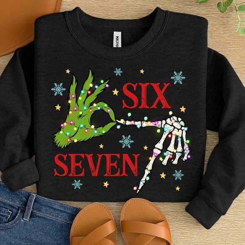 Six Seven Meme Christmas Green Guy Skeleton Hands Shirt Funny Christmas Bones Tee Xmas 6 7 Shirt Christmas Movie Trendy Social Media 1760688494483.jpg