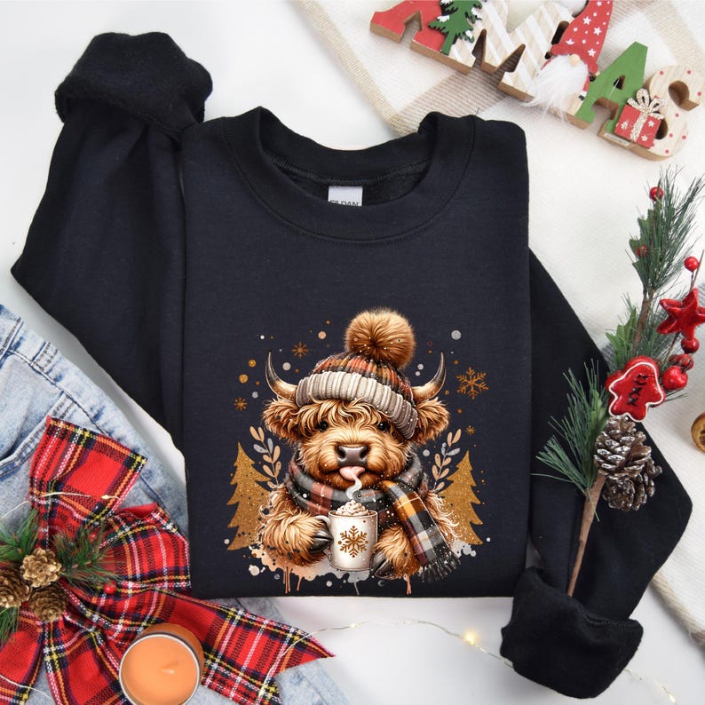 Cute Highland Cow Christmas Tree Shirt Hot Cocoa Cozy Winter Fluffy Cow Xmas Holiday Tee Trendy Highland Cow Xmas Sweatshirt 1761298003393.jpg