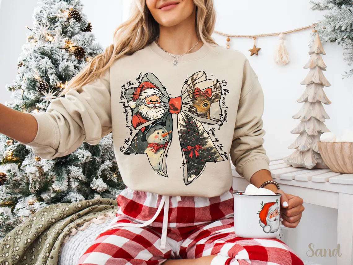 Vintage Retro Santa Christmas Shirt Cute Snowman  Reindeer With Coquette Bow Perfect Holiday Gift Most Wonderful Time Of The Year 1761552476205.jpg