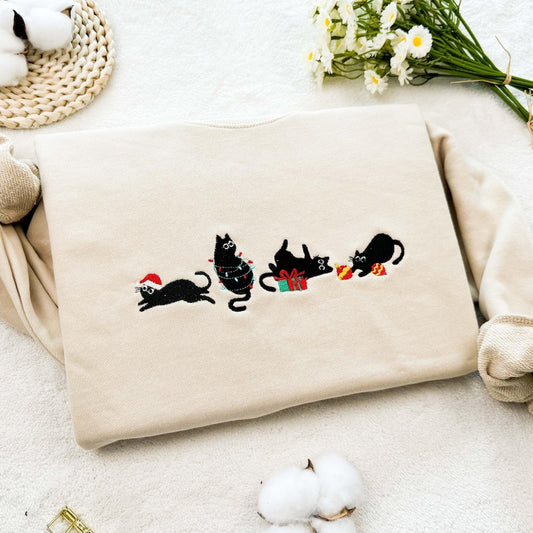 Embroidered Christmas Cat Sweatshirt Funny Holiday Hoodie 100 Cotton Unisex Sweatshirt 1761624981329.jpg